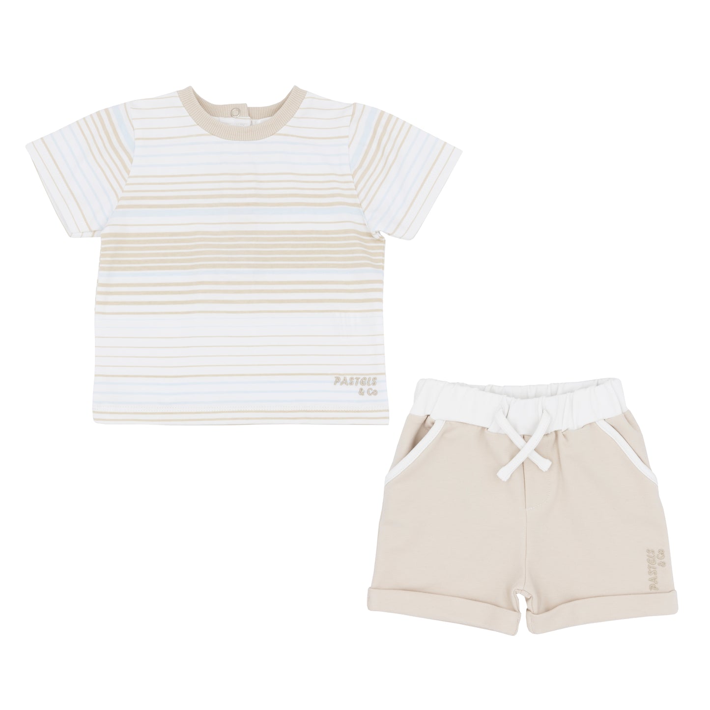 Pastels & Co Ian Sea Breeze Beige Chunky Cable Striped T Shirt And Shorts Pa-205A